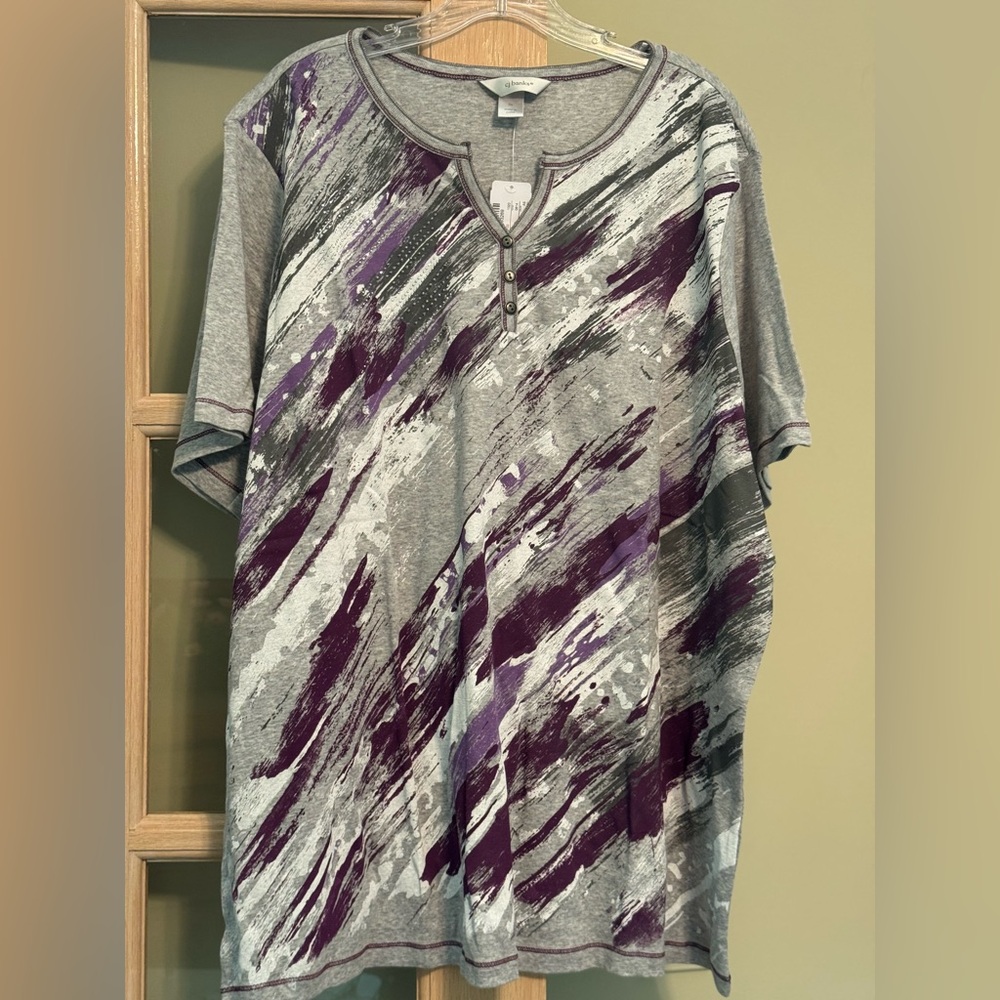 CJ Banks Gray and Purple Embellished Top